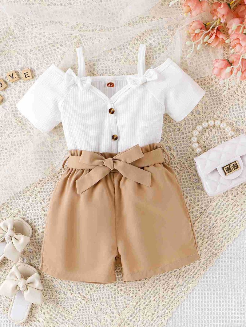 Hot selling spring summer girl set, small and medium-sized children's cotton suspender cute bow short sleeved+shorts_voghion.com