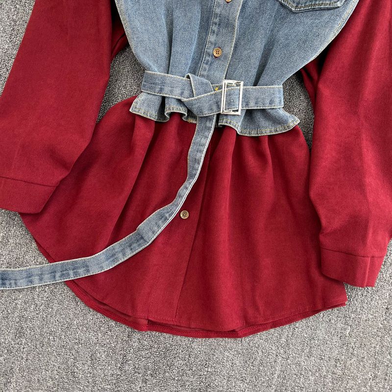 Women's Clothing autumn and winter new retro Hong Kong style temperament single breasted shirt skirt single breasted denim splicing A line dress_voghion.com