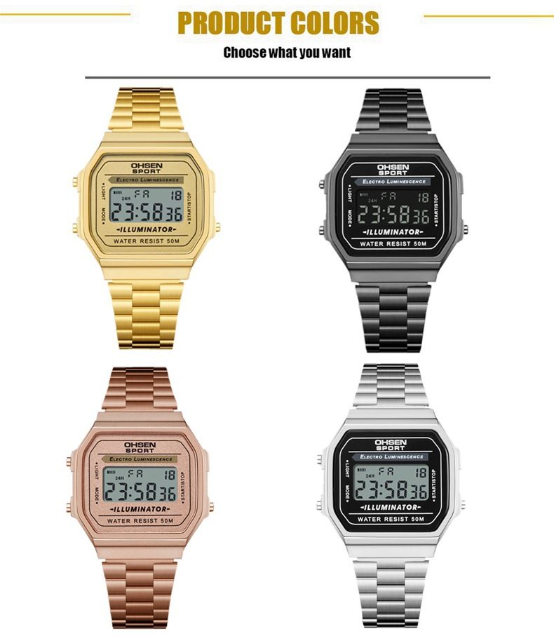 Women's Gold Stainless Steel Strap Electronic Alarm Clock Calendar Week Waterproof Watch_voghion.com