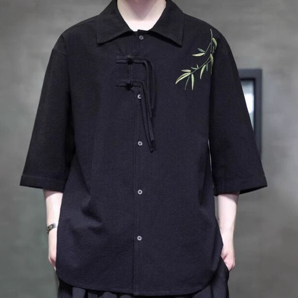 2025 Zomer Dunne Tang Kleding Hanfu Nieuwe Chinese Stijl Knopen Borduurwerk Top Losse IJs Zijden Korte Mouwen Shirt Voor Mannen_voghion.com