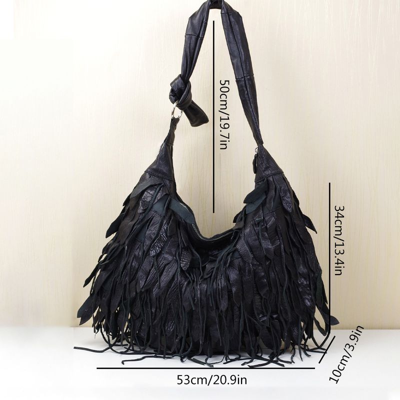 Bolso de piel nuevo para mujer, bolso hobo personalizado con borlas de rayas negras, suave y casual para mujer, bolso de hombro, bolso de piel de oveja para mujer_voghion.com
