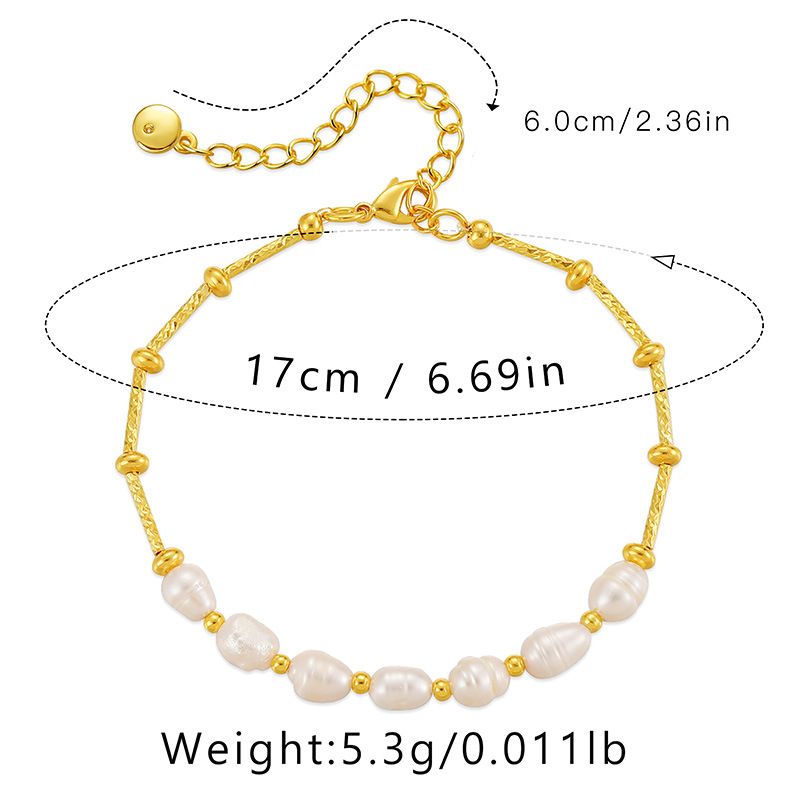 Copper plated K gold natural freshwater pearl gold round bead copper chain design is not easy to allergic elegant texture women's bracelet_voghion.com