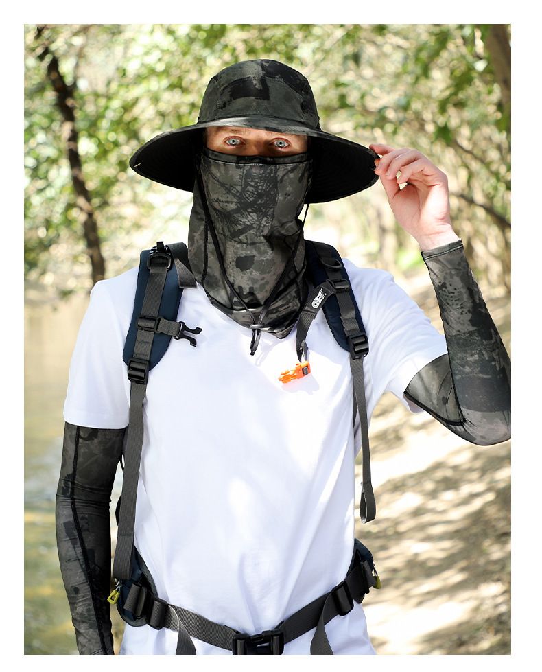 Conjunto de máscara facial com proteção UV e chapéu de aba larga - Capa de pescoço de seda gelada refrescante com mangas de braço (proteção solar FPS 50+ para homens)_voghion.com