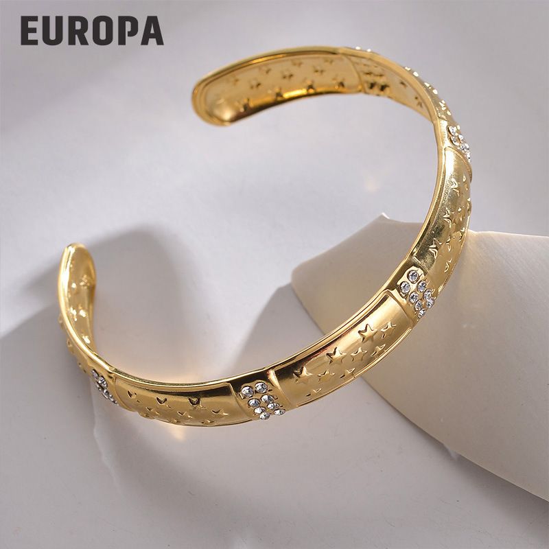 Women's Jewelry Titanium Steel Retro Zircon Open Bracelet Stainless Steel Niche Design Five Pointed Star Adjustable Bracelet_voghion.com