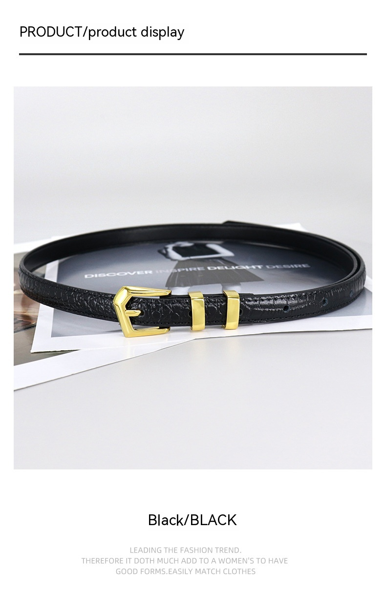 New Autumn and Winter Alloy Needle Button Women's Belt with Crocodile Gold Button and Jeans Skirt Thin Belt_voghion.com