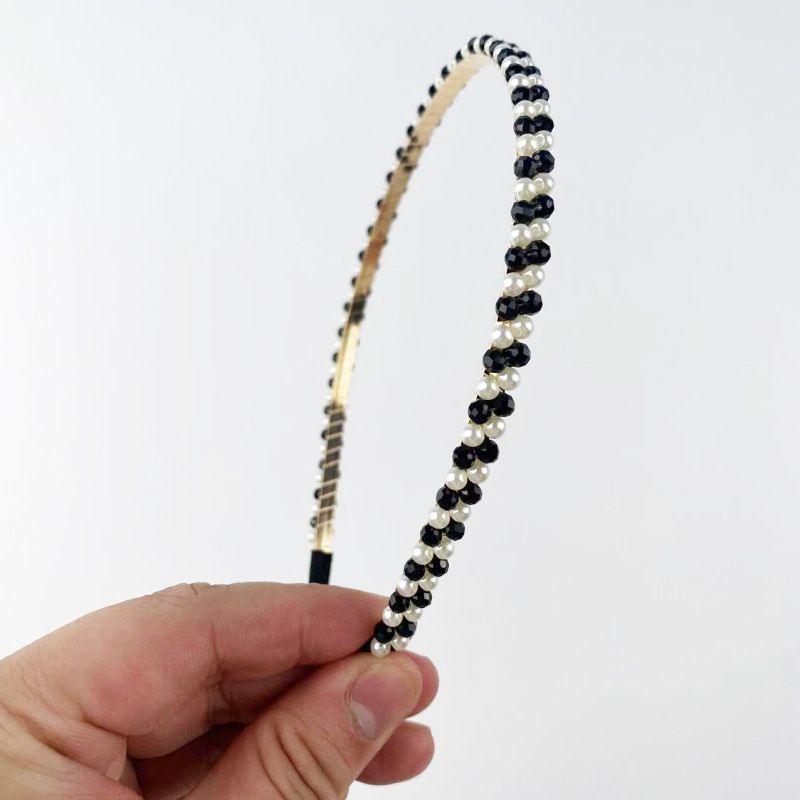Perlen-Kristall-Stirnband, Voller Strass-Haarreif, Koreanisches minimalistisches Vintage-Haar-Accessoire mit einreihigen Perlen und Kristallen für Frauen_voghion.com