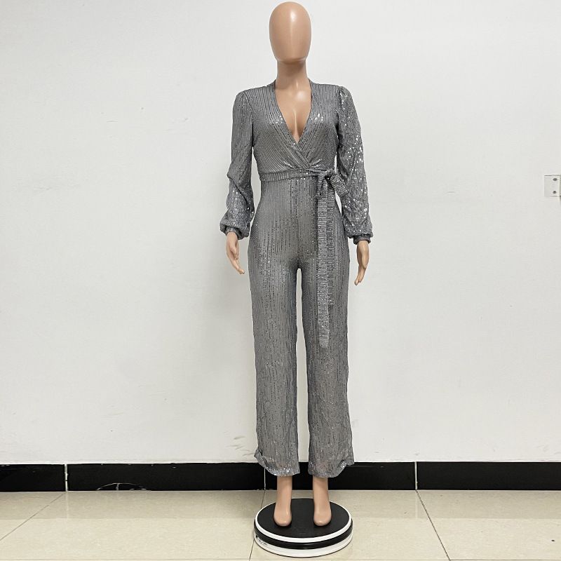Damkläder Ins Style Deep V Mode Casual Jumpsuit Långärmat Bälte Paljett Jumpsuit Dam_voghion.com