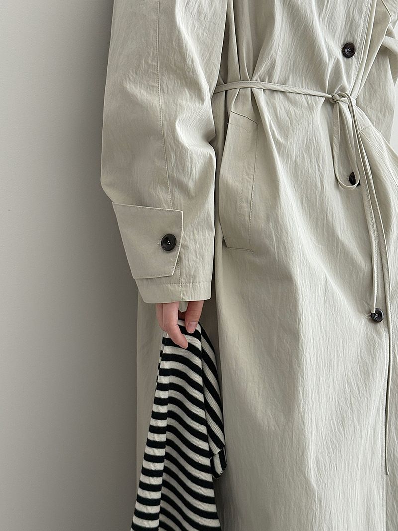 Minimalist British Style Trench Coat For Women, Long Sleeve Belted Duster Coat, Oversized Lapel Casual Overcoat In Beige & Denim Black_voghion.com