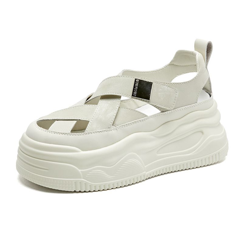 Echtleder-Sandalen für Damen, Sommer 2024, Outdoor, geschlossene Zehenpartie, römischer Stil, lässige Schuhe mit dicker Sohle, Schweinskäfig-Design, gewebte Sportschuhe_voghion.com