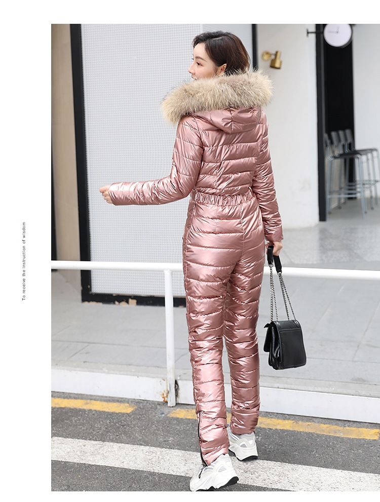 Women's Clothing Women's Silver Ski Suit With Natural Raccoon Fur Hood – Warm Winter One-Piece Puffer Coat For Snow Sports (M-2XL)_voghion.com