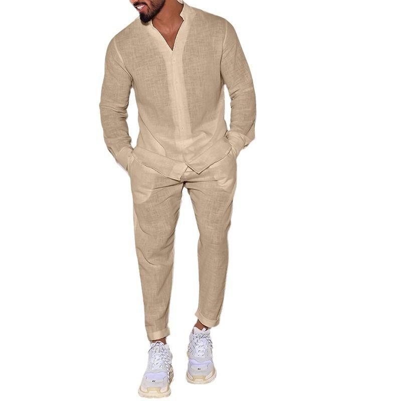 CT Men's Sports Suit Linen Autumn Casual Sleeve Fashion Workwear Long Pants Two-Piece Set_voghion.com
