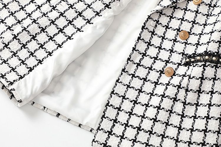 Abito da donna con perline a quadretti bianchi e neri dal design esclusivo INS consigliato dalle celebrità di Internet per l'autunno_voghion.com