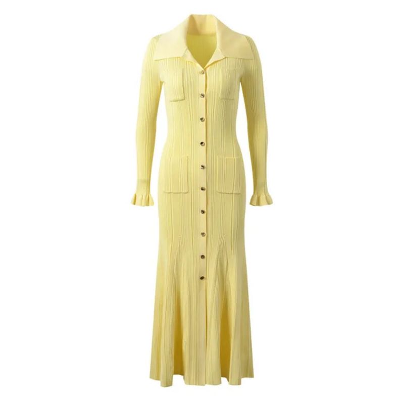 Abito midi aderente a vita alta ispirato a un abito in maglia con colletto svasato (S-XL, colori a tinta unita, scollo a balze, eleganza dall'ufficio alla cena)_voghion.com