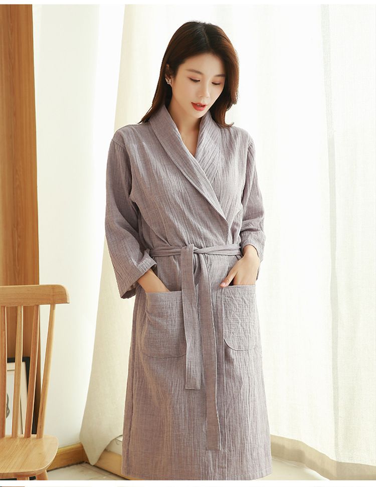 Pure Cotton Bathrobe Spring And Summer Thin Double Layer Gauze AB Surface Hotel Bathrobe Men And Women Couple Nightgown_voghion.com