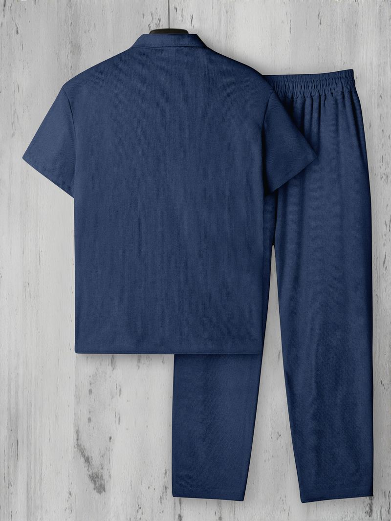 Men's Plus Size Corduroy Short Sleeve Shirt & Pants Set - Summer Casual Outfit With Button Front & Pockets (White, Black, Navy, Beige, Caramel)_voghion.com