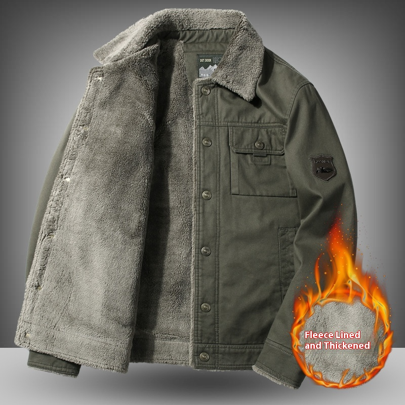Militärische Werkzeugjacke Herren Herbst Lose Große Größe Retro Revers Verdickte Lammwolle Jacke Herrenbekleidung_voghion.com