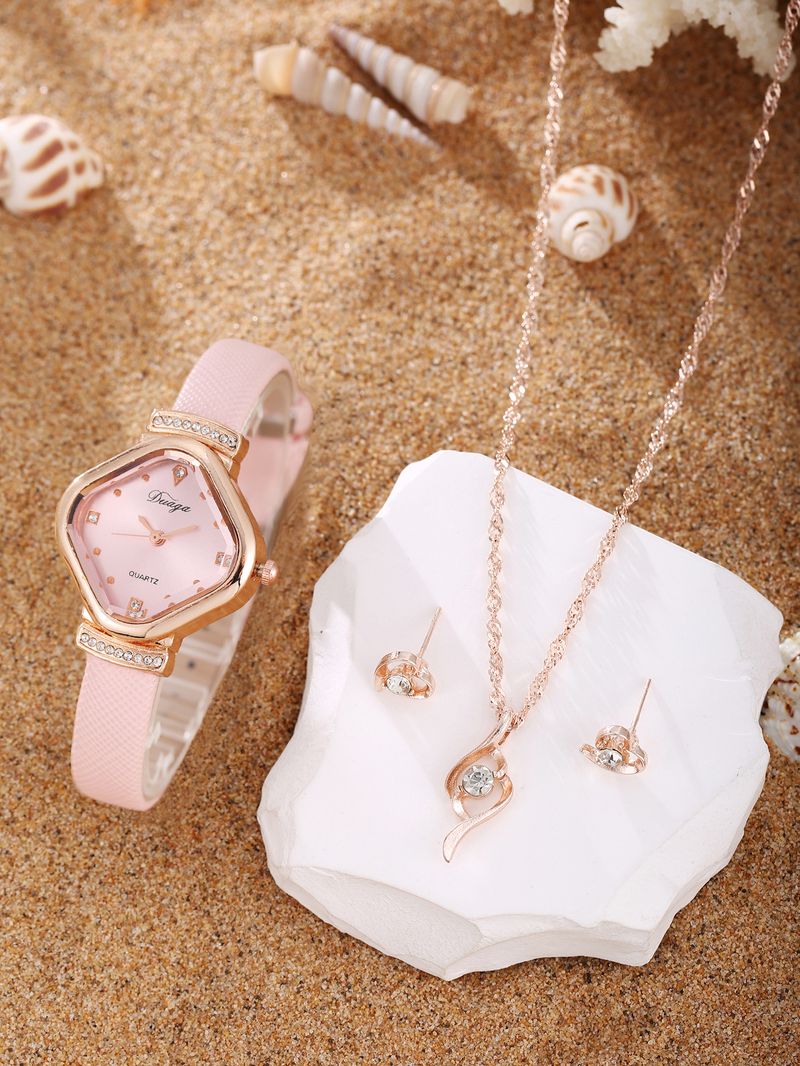 Damenuhr und Schmuckset, zartes süßes quadratisches Zifferblatt, Gürteluhr, Perlenarmband, Legierung, Schmetterlingsschmuckset_voghion.com