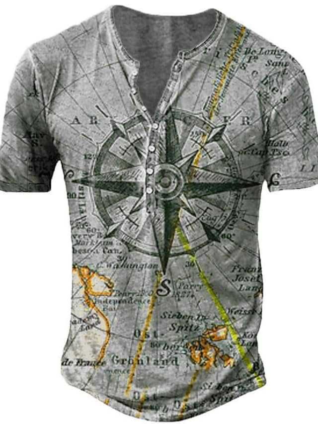 Men's Digital Printed With A Sailing Hook Pattern Round Neck 7-button Men's Casual Short Sleeved T-shirt_voghion.com
