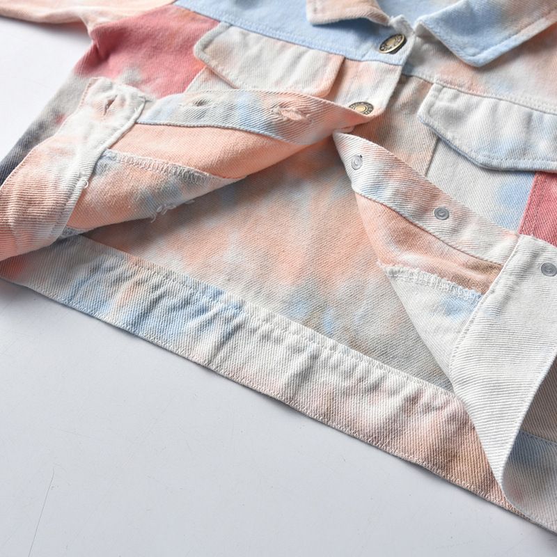 Ropa para niños, ropa infantil, nueva primavera 2024, chaqueta vaquera tie-dye, top corto roto para niños y niñas_voghion.com