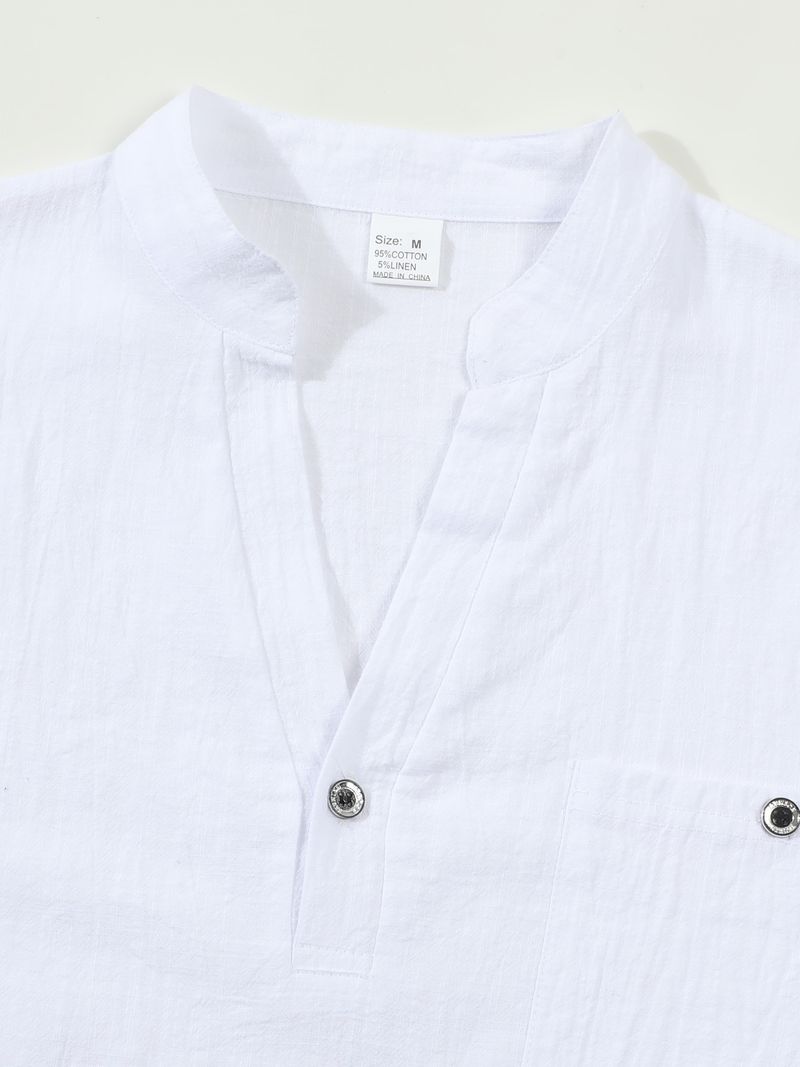 Camicia da uomo a maniche corte in lino e cotone – Collo alto traspirante, vestibilità comoda, casual (S-XXXL, blu navy/bianco/albicocca)_voghion.com