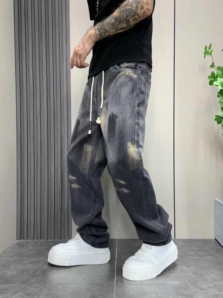 Jean streetwear à effet peinture éclaboussée – Jean unisexe taille haute à jambes larges avec délavage graffiti (M-3XL, style hip-hop années 90, ourlet effiloché, coupe ample vintage)_voghion.com