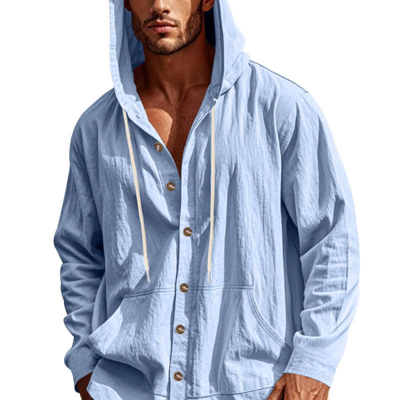 Spring And Autumn American Loose Men's Loose Linen Casual Simple Beach Hooded Long Sleeve Shirt Men_voghion.com