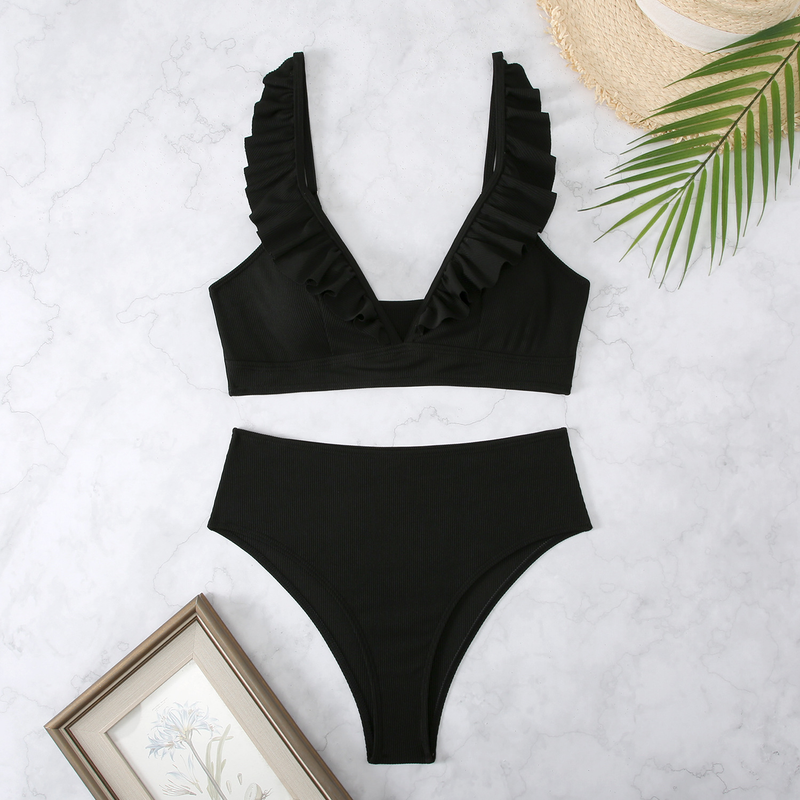 Maillot de bain bikini rayé taille haute à volants et col en V pour femme, nouveauté 2025_voghion.com