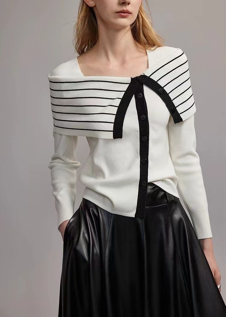 Women's Clothing Black And White Striped Two Piece Slim Wool Sweater New Design Temperament Sweater_voghion.com