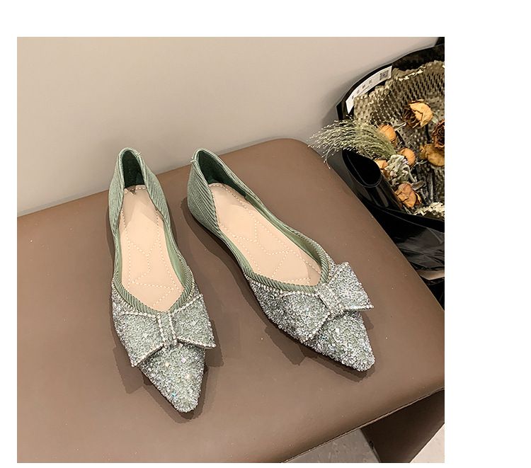 Elegante Ballerinas mit Schleife und spitzer Spitze für Damen – Glitzernde Strass-Ballerinas, Prinzessinnen-Pumps mit niedrigem Absatz, bequeme Slip-On-Abendschuhe_voghion.com