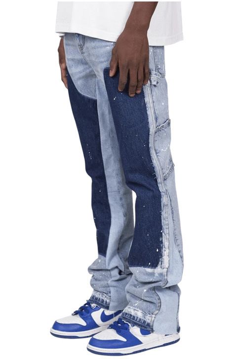 2025 Men's Fashionable Ins Workwear Elastic Patch Denim Layered Flared Pants_voghion.com
