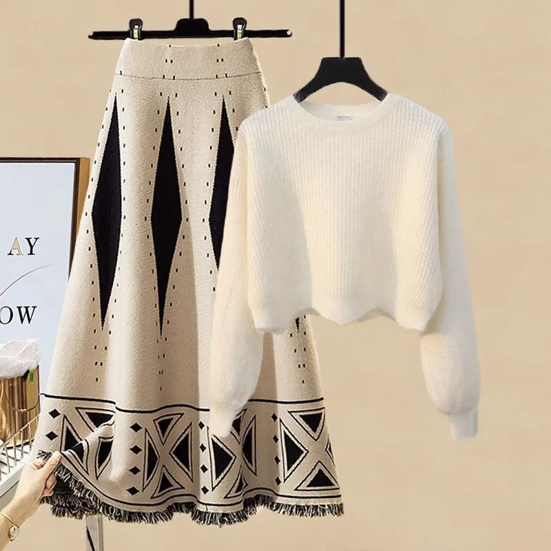 Women's Clothing Plus Size Autumn Suits Age Reducing Wavy Edge Short Sweater Slim Skirt Two Piece Suit_voghion.com