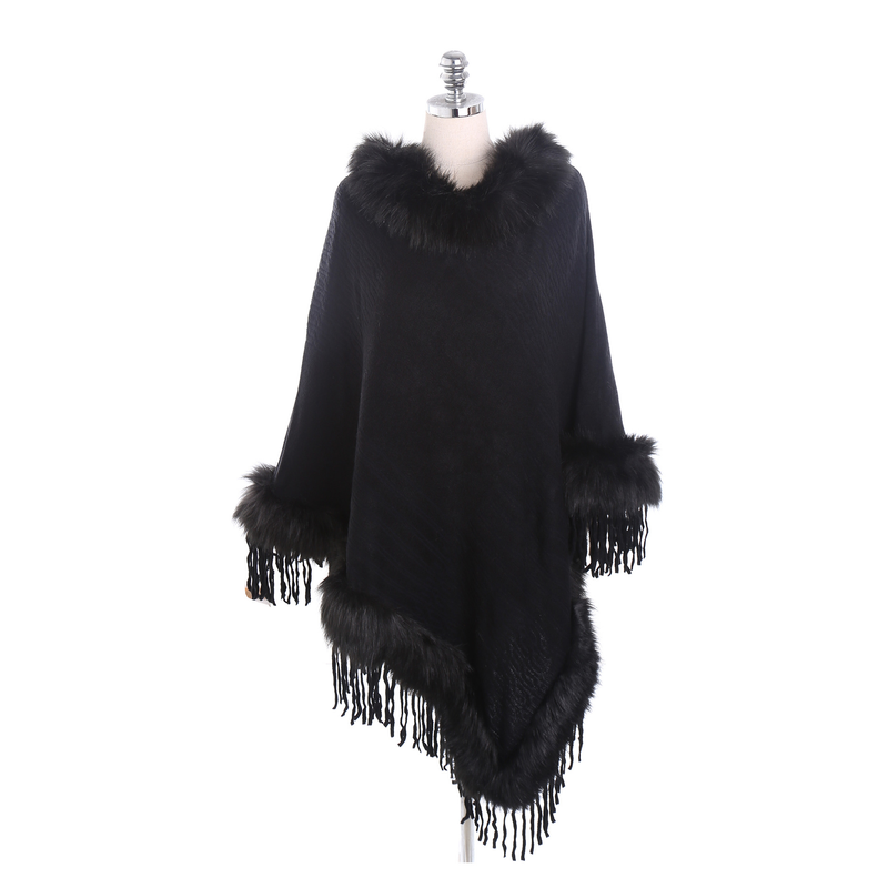 Pulover în stil la modă de toamnă și iarnă, culoare solidă, guler de blană, tiv mare, eșarfă șal din cașmir cu ciucuri_voghion.com