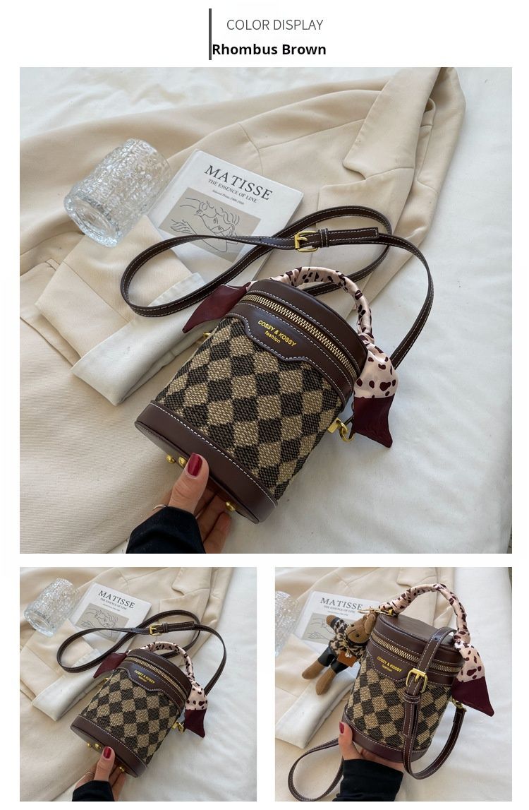 CEEKAY Mini Women's New Fashion Crossbody High Quality Chessboard Checkered Cylinder Bucket Bag_voghion.com