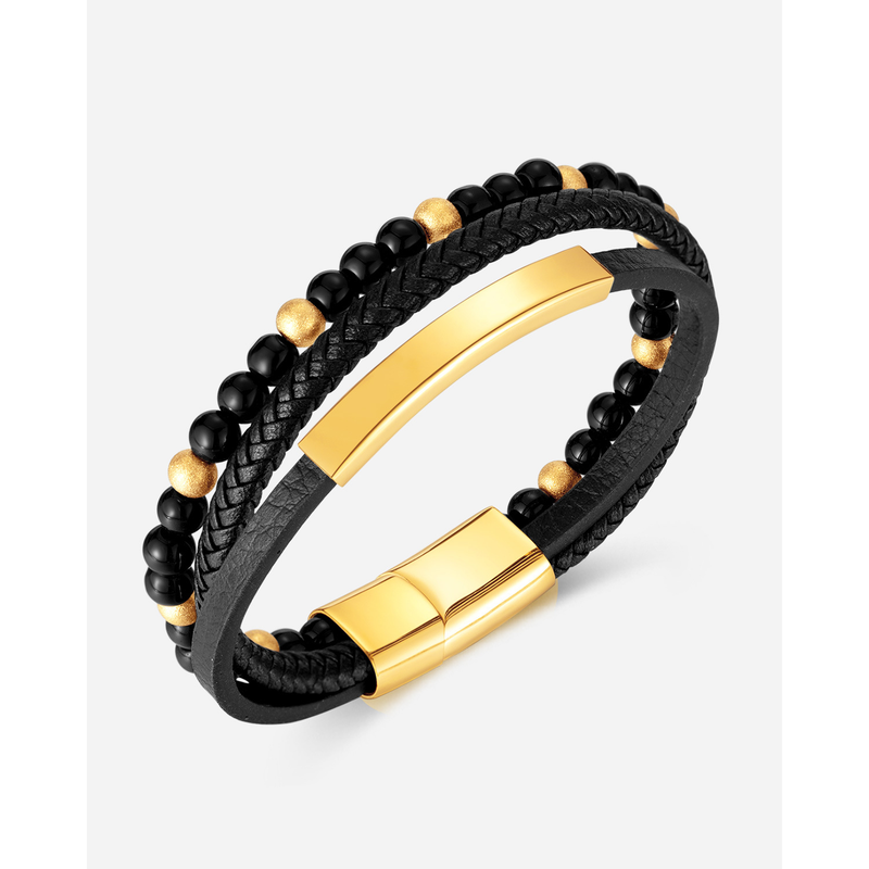 Multi-Layer Handmade Woven Leather String Bracelet Black Agate Beaded Bracelet For Men_voghion.com
