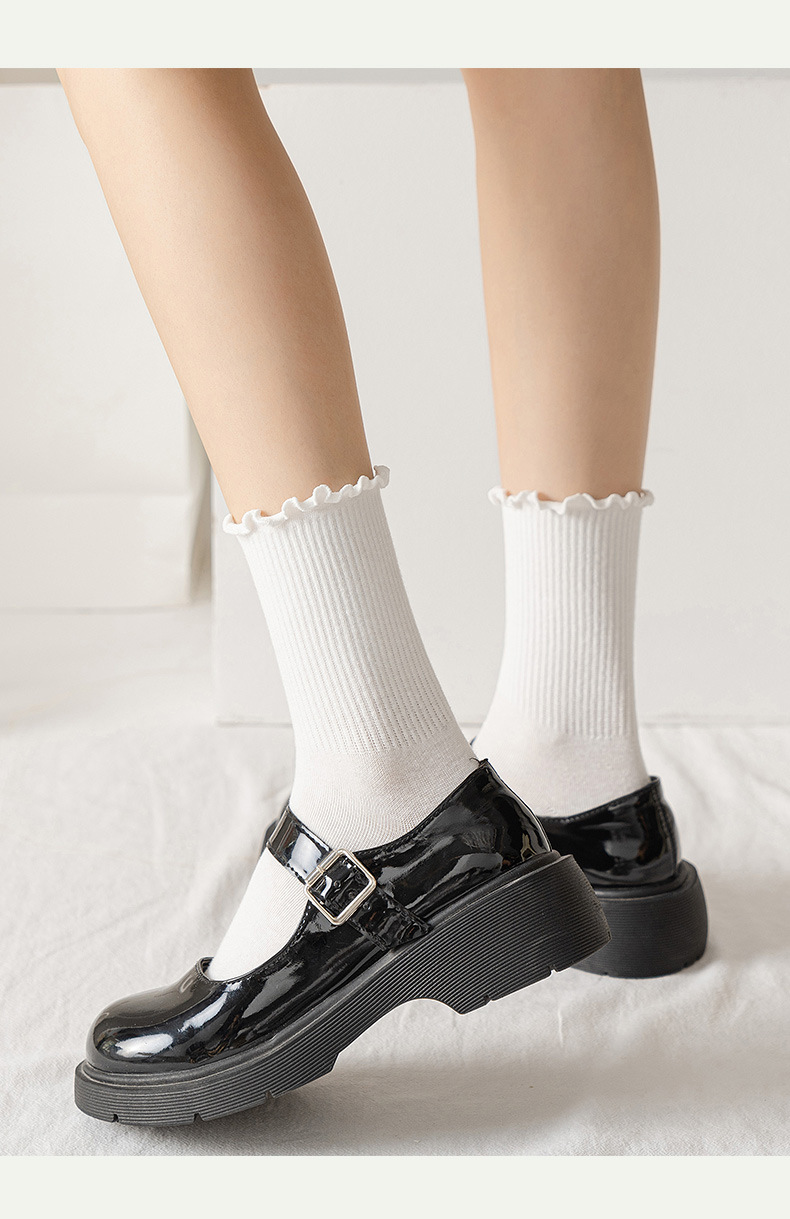 Ruffle Socks for Women 5pair /Lot Mid Crew Middles Tube Ankle High Breathable Black White Calcetines Female Spring_voghion.com