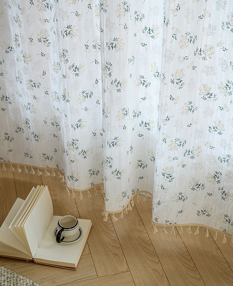 Japanese Style Daisy Semi-Sheer Curtains - 100% Cotton Cafe Curtains For Kitchen, Windows (Tie Top/Grommet/Hook, 60x90cm To 150x300cm, Floral Boho)_voghion.com