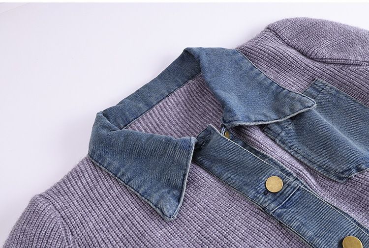 Women's Clothing Autumn and Winter Denim Splicing Sweater Waist Lapel Ribbed Temperament Knitted Cardigan Top_voghion.com