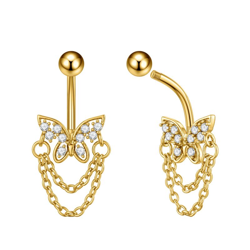 Piercing per ombelico da donna in acciaio inossidabile con zircone, catena a farfalla, occhio di cavallo, fiore a cinque foglie, fibbia per ombelico_voghion.com