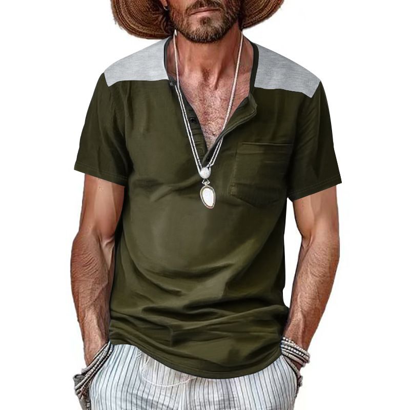 24 Sommer Herren V-Ausschnitt Knopf Farbblock Übergröße Henley Shirt Kurzarm Top_voghion.com