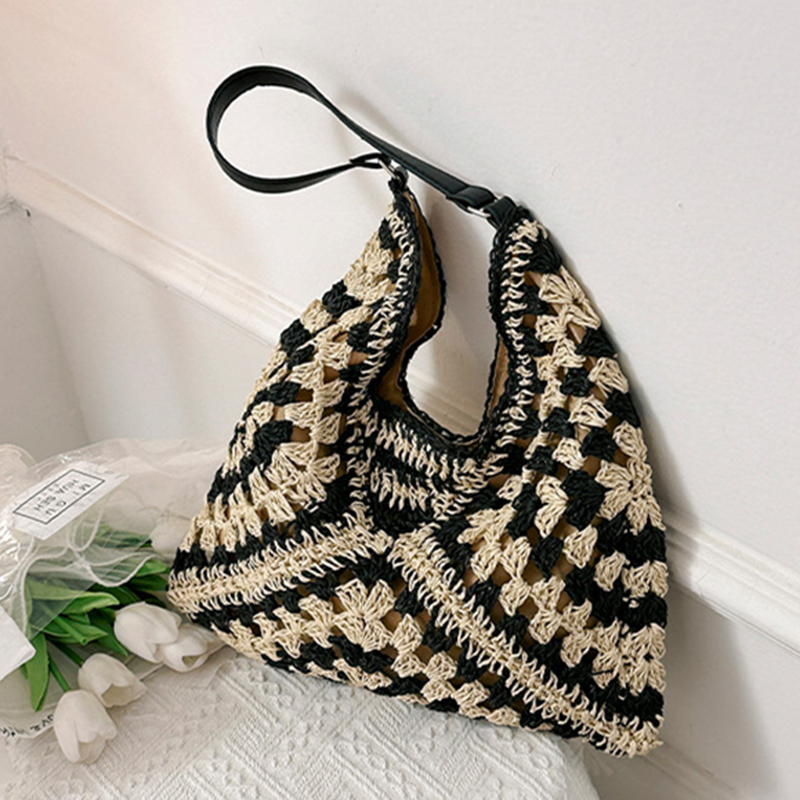 Borsa a tracolla di paglia intrecciata da donna popolare, borsa di medie dimensioni con manico per le vacanze al mare_voghion.com
