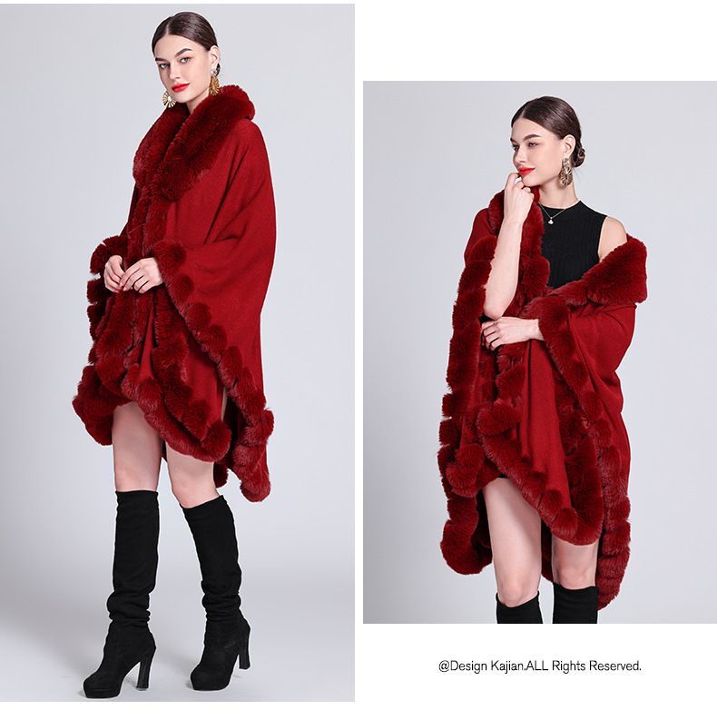Eleganter Damen-Cape-Mantel mit Kunstpelzkragen – Übergroßer Strickjackenschal für Winter, Frühling und Herbst_voghion.com