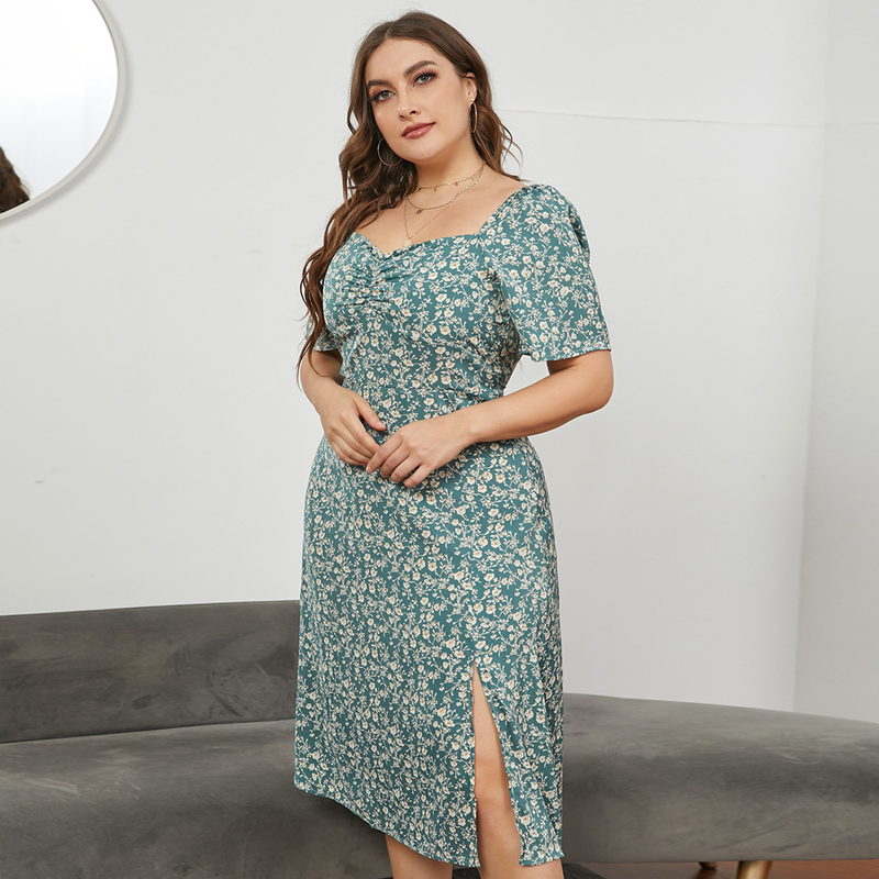 2023 New L Women's French Square Neck Split Waist Long Fragmented Flower Plus size Dresses_voghion.com