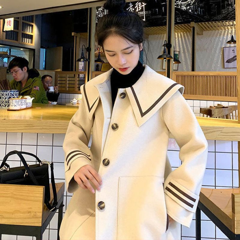 Navy Collar Coat Mid-Length Women 2024 New Korean Version College Style Petite Single-Breasted A-Line Woolen Jacket_voghion.com