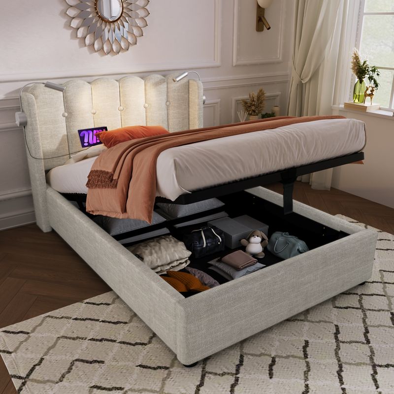 Cadre de lit simple rembourré avec liseuse, fonction de charge, rangement pour la tête de lit, lit enfant en lin 90 x 200 cm avec sommier à lattes (matelas non inclus, coloris naturel)_voghion.com