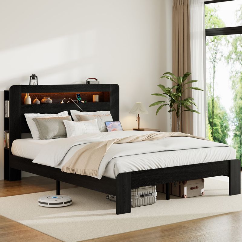 Bed Frame Full Size, Wood Platform Bed Frame With Storage LED Light Headboard And 2 USB , Noise Free,No Box Spring Needed And Easy Assembly Tool,Large Under Bed Storage,Dark Black_voghion.com