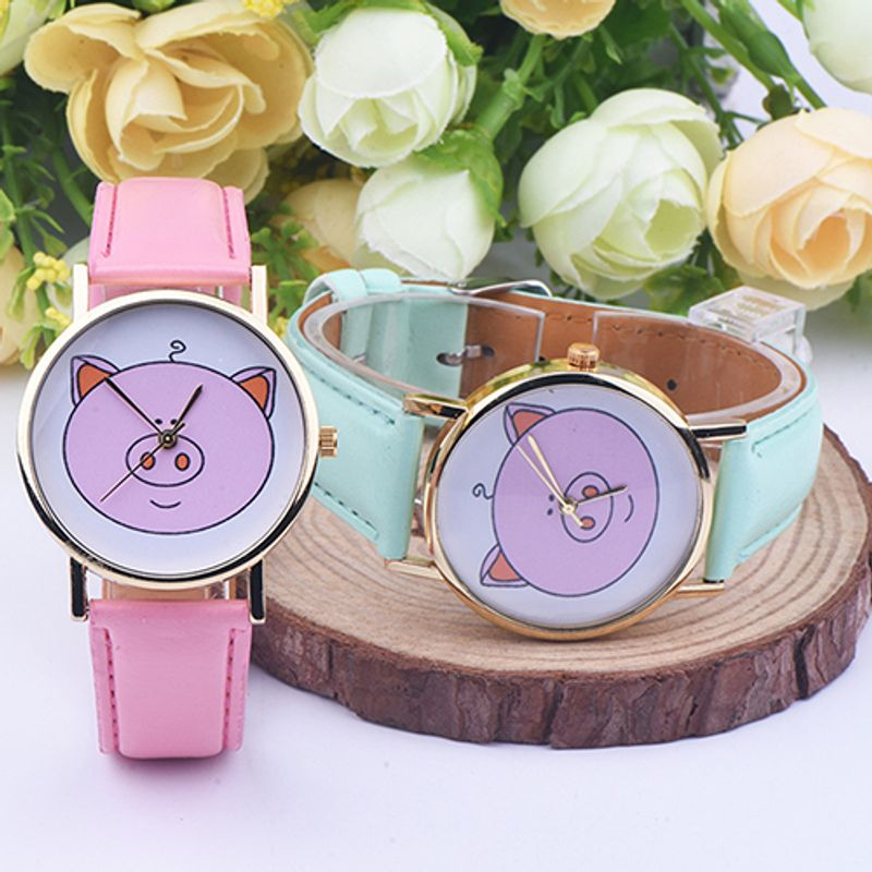 Yamaler Women Cute Pig Pattern Faux Leather Band Analog Quartz Fashion Wrist Watches_voghion.com