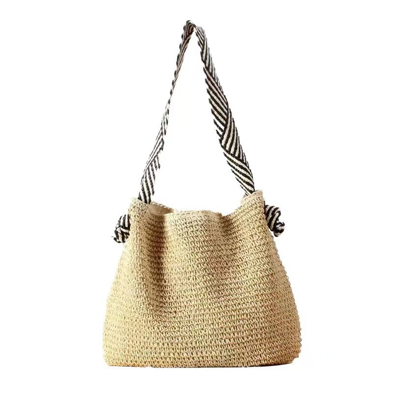 Borsa da spiaggia versatile per le vacanze da donna, realizzata a mano in stile navy coreano INS, 2024, in paglia, con una sola spalla, intrecciata_voghion.com