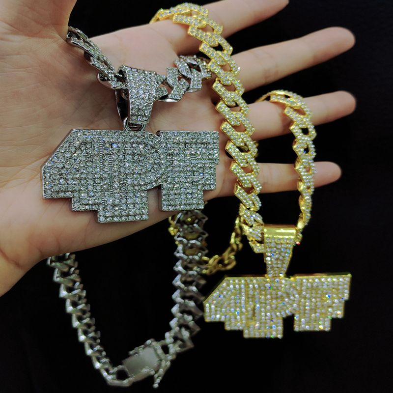 4PF Numeric Letter Pendant with Diamond Cuban Chain Street Dance Hip Hop Rap Trendy Accessories_voghion.com