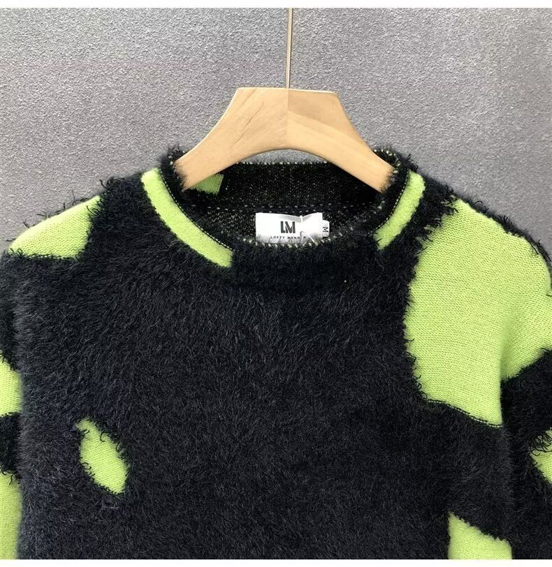 Men's And Women's Autumn And Winter American Style Design Ripped Tassel Sweater Large Size Loose Round Neck Long Sleeve Knitted Sweater Jacket_voghion.com