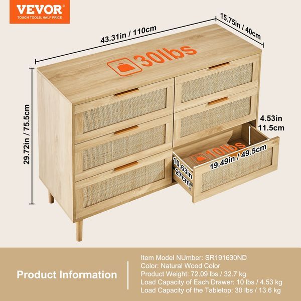 7 Drawer Rattan Dresser, Boho Dresser, Natural Rattan Chest Of Drawers With Spacious Storage, For Bedroom, Living Room & Hallway, Rattan Nights_voghion.com